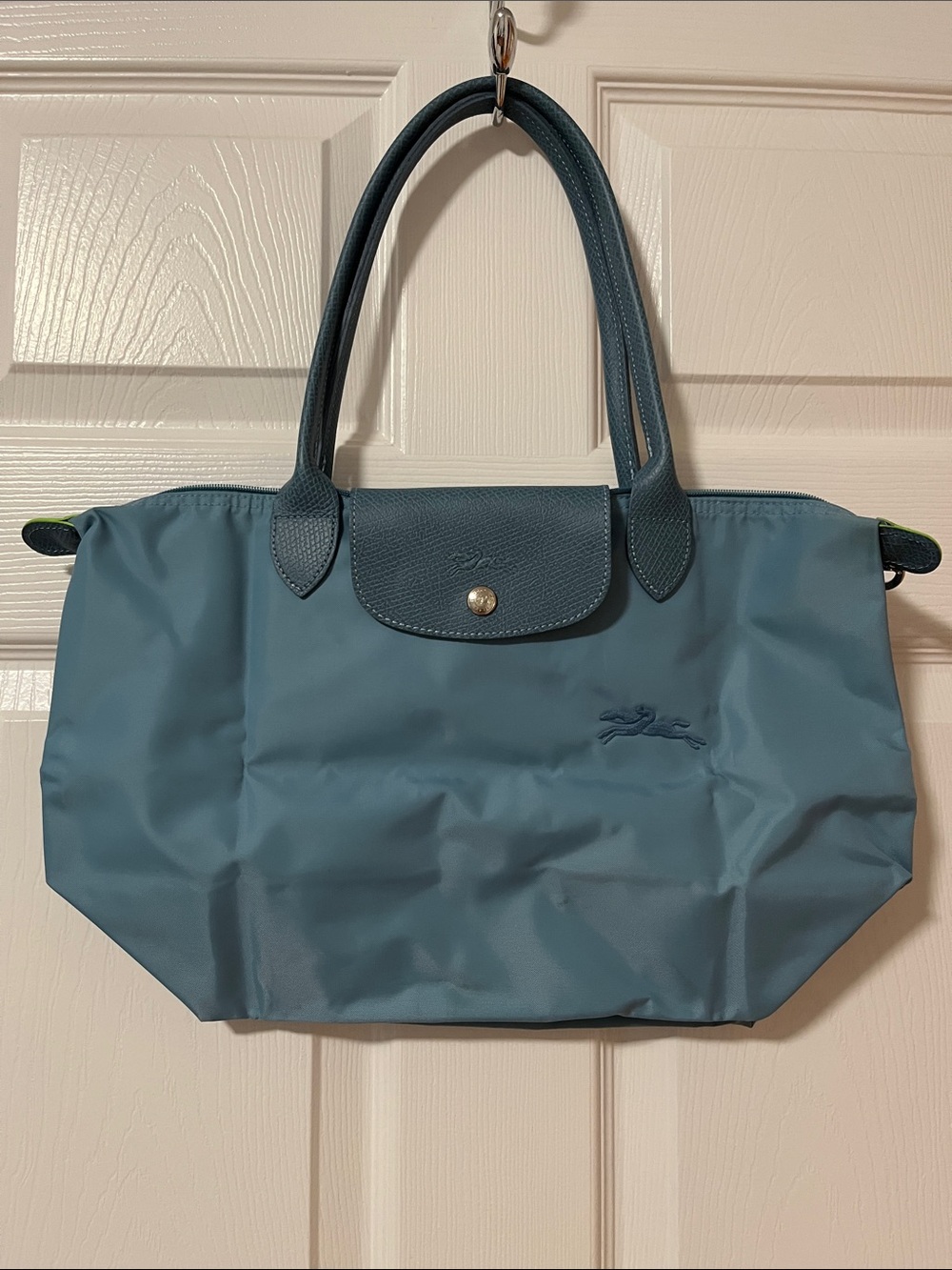 Longchamp Teal Nylon Tote with Leather Trim